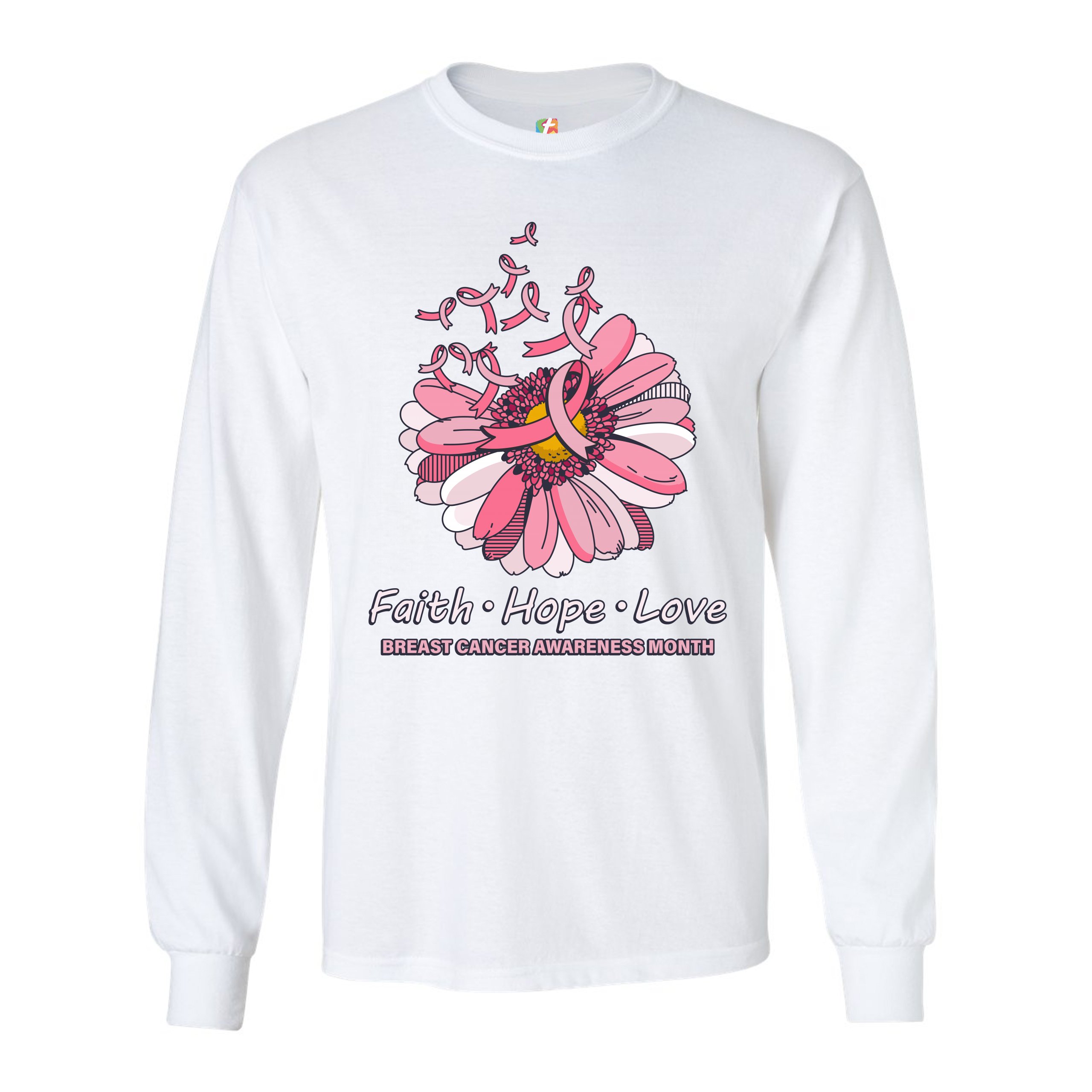 Faith Hope Love Long Sleeve T-shirt Breast Cancer Awareness Month Ribbon Flower - Picture 3 of 45