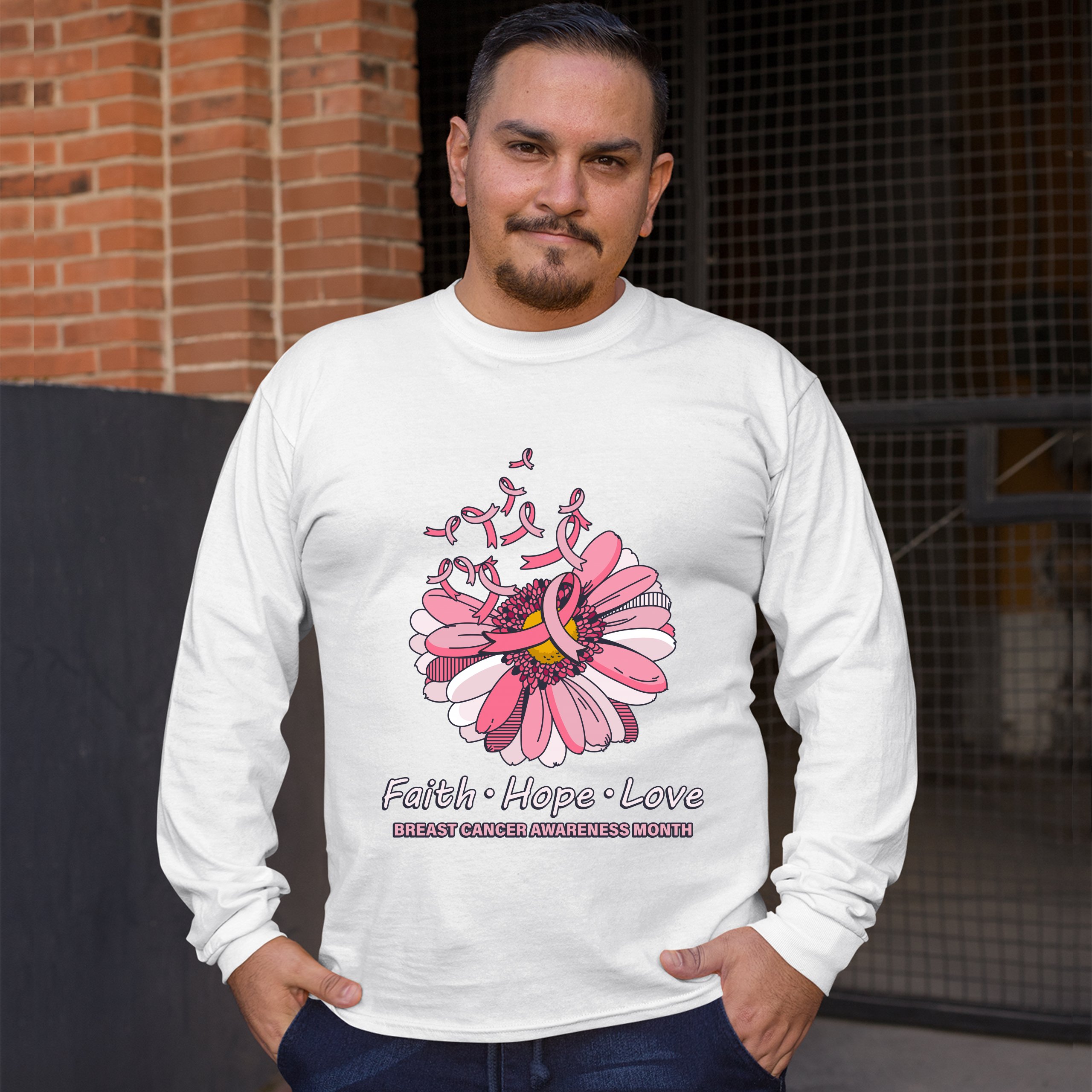 Faith Hope Love Long Sleeve T-shirt Breast Cancer Awareness Month Ribbon Flower - Picture 5 of 45