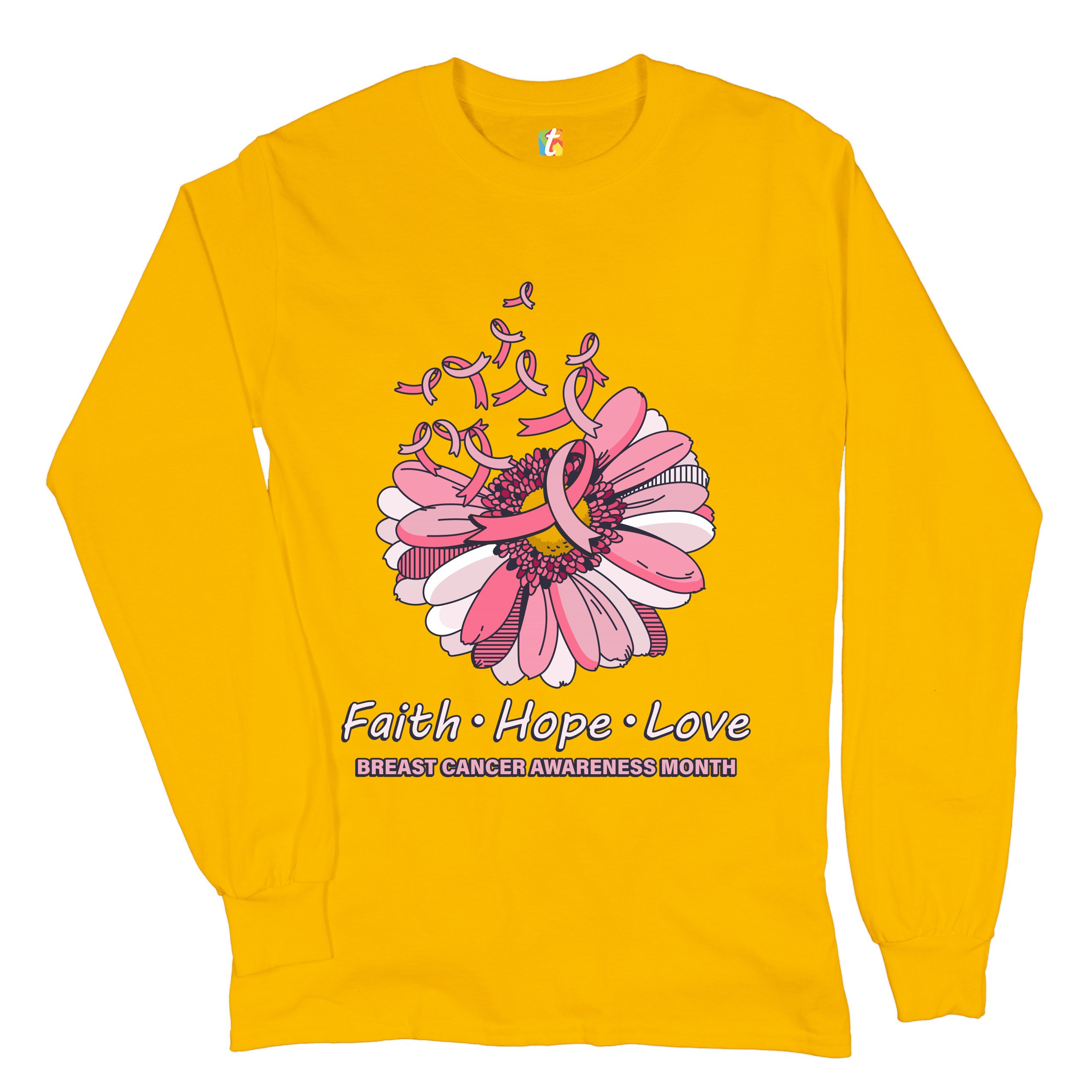 Faith Hope Love Long Sleeve T-shirt Breast Cancer Awareness Month Ribbon Flower - Picture 38 of 45