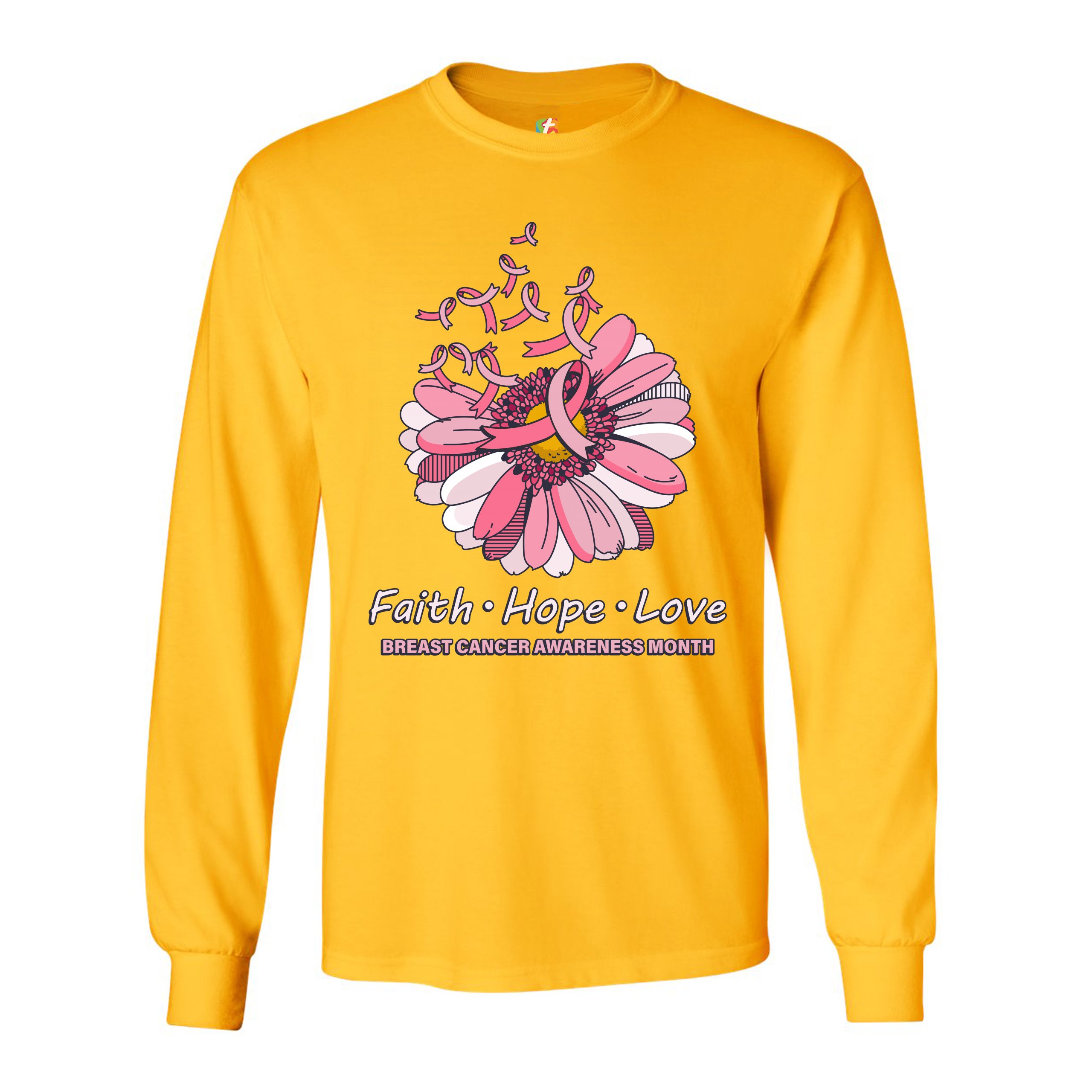 Faith Hope Love Long Sleeve T-shirt Breast Cancer Awareness Month Ribbon Flower - Picture 39 of 45