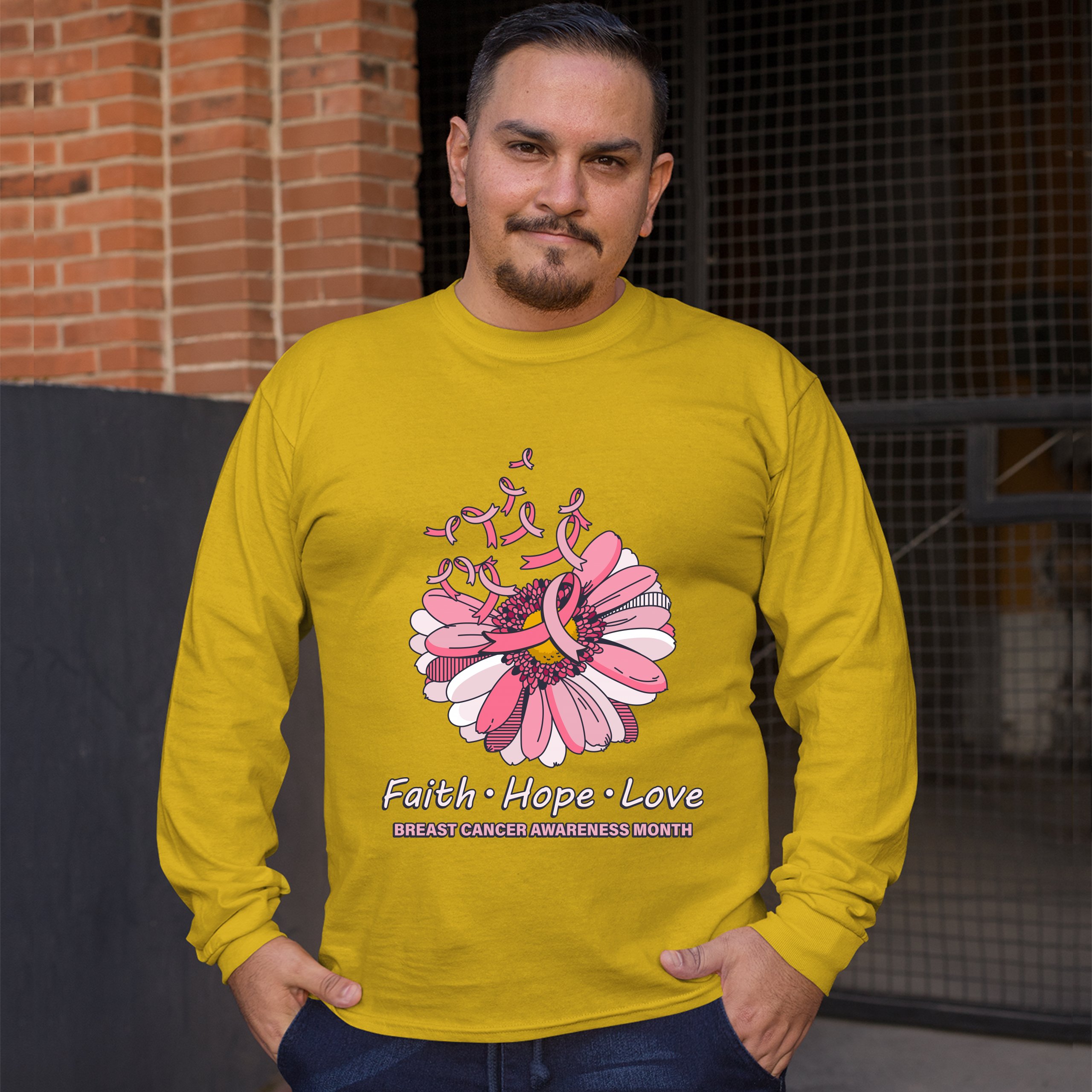 Faith Hope Love Long Sleeve T-shirt Breast Cancer Awareness Month Ribbon Flower - Picture 41 of 45