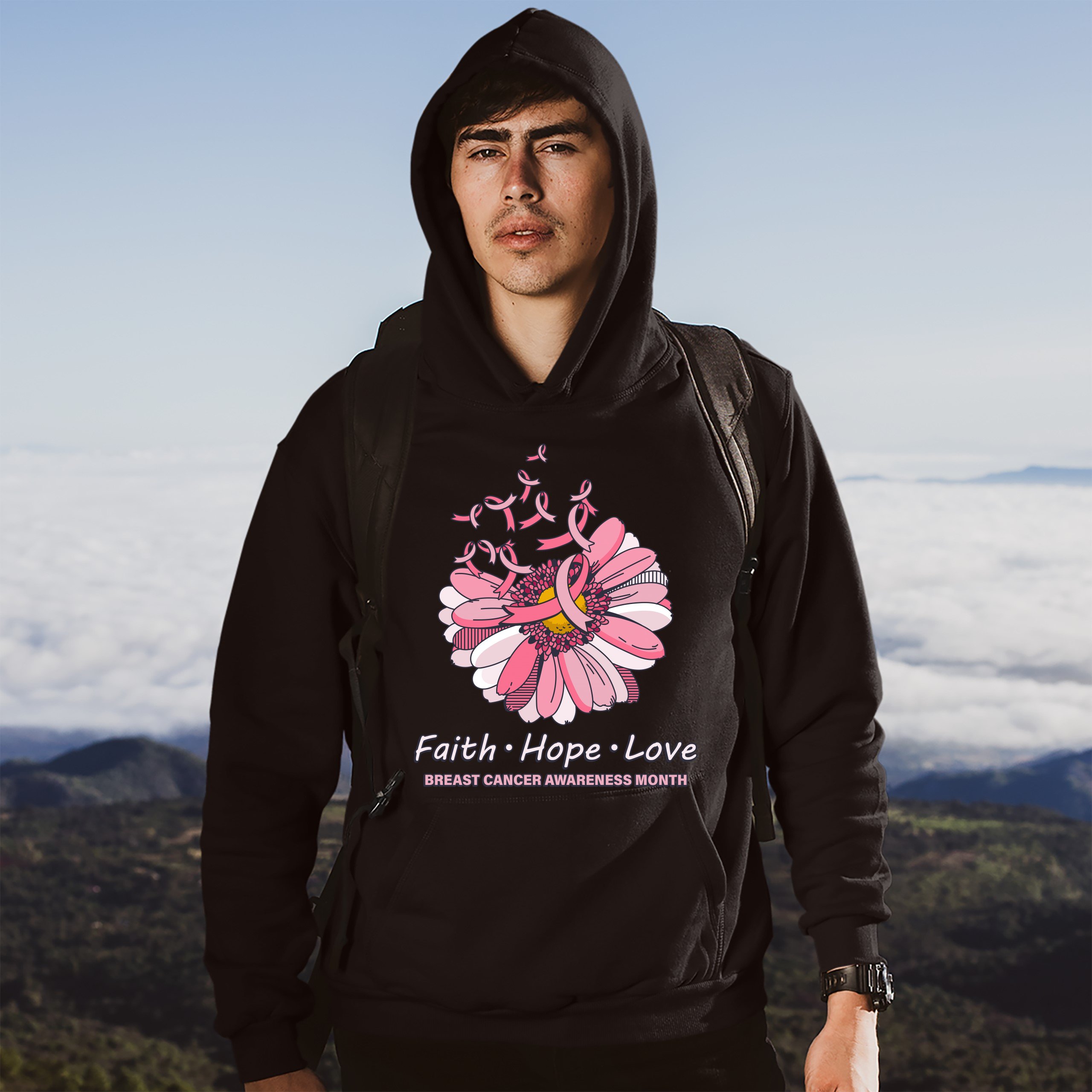 Faith Hope Love Sweatshirt Breast Cancer Awareness Month Ribbon Flower Hoodie - Picture 10 of 36