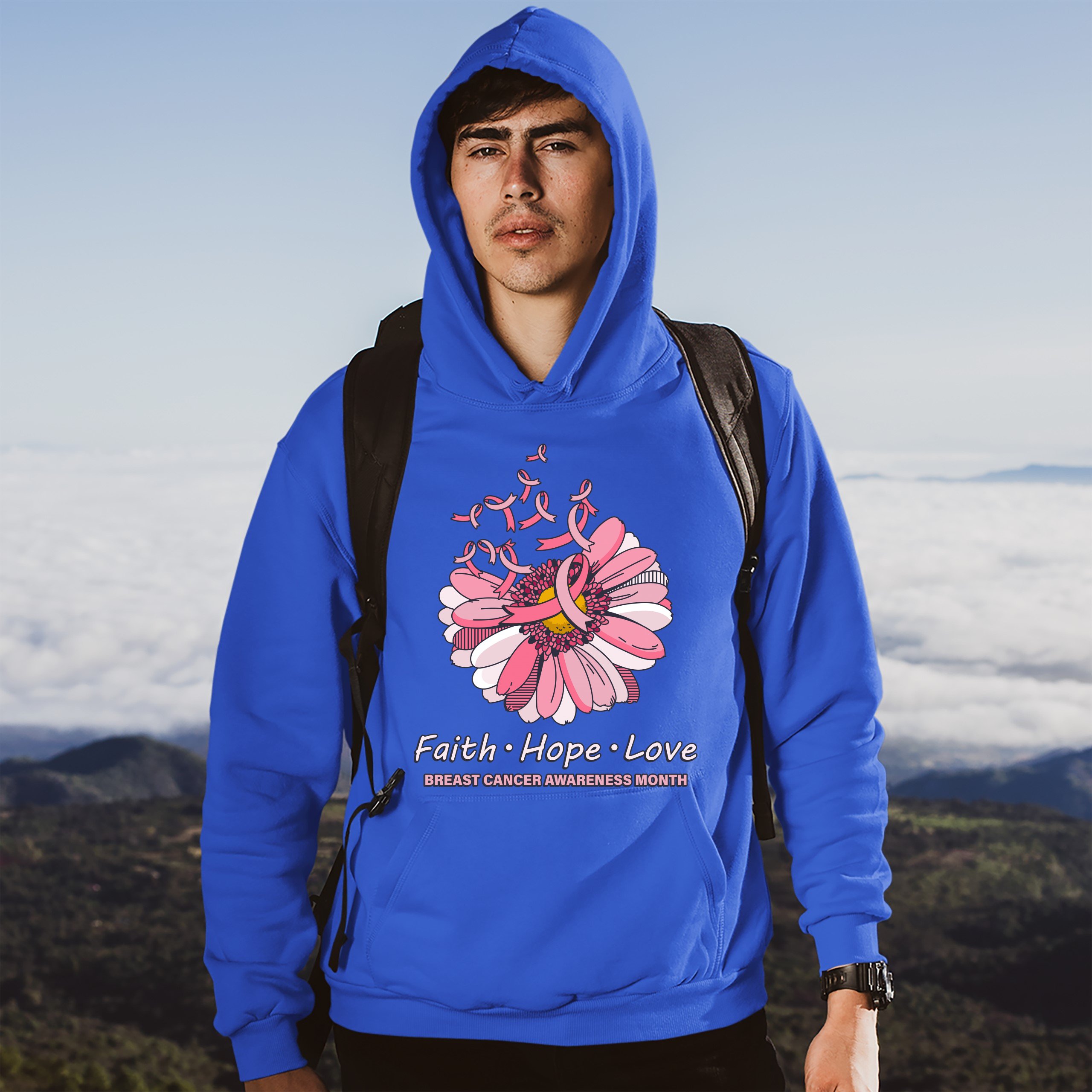 Faith Hope Love Sweatshirt Breast Cancer Awareness Month Ribbon Flower Hoodie - Picture 30 of 36