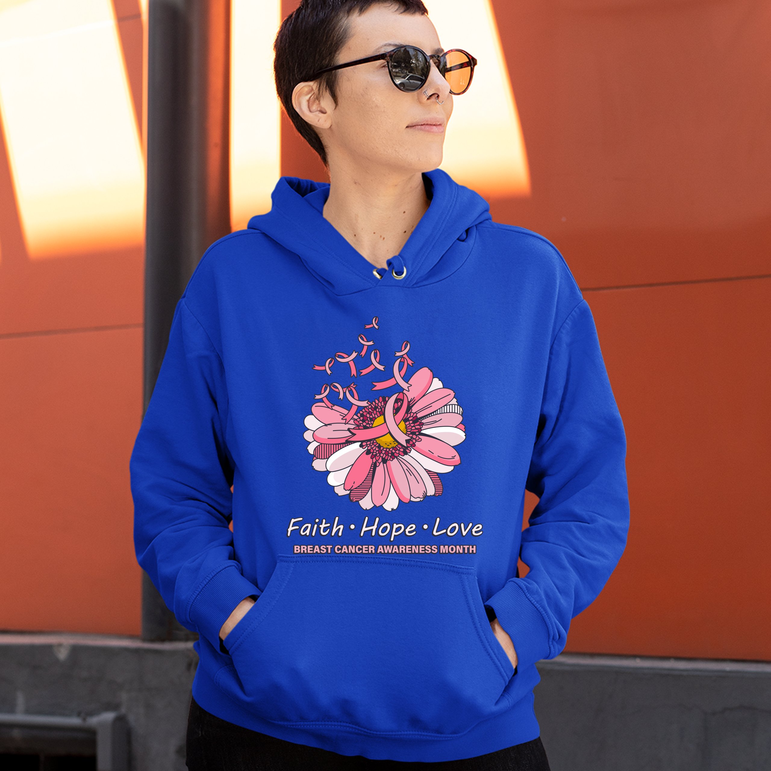 Faith Hope Love Sweatshirt Breast Cancer Awareness Month Ribbon Flower Hoodie - Picture 31 of 36