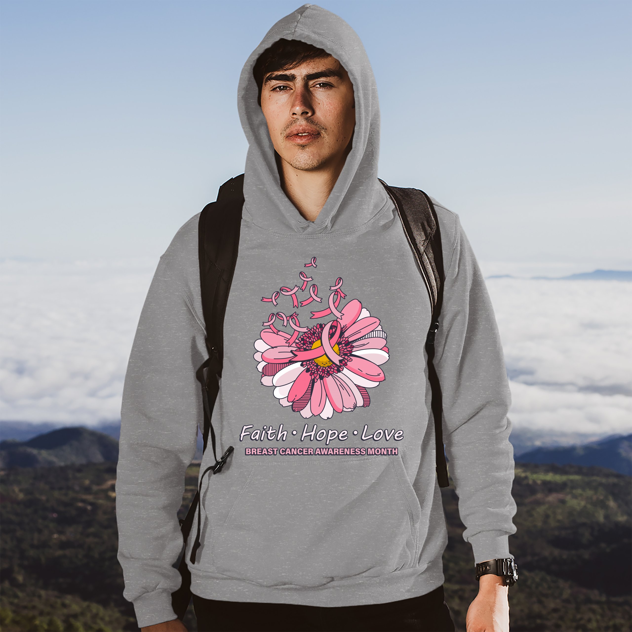 Faith Hope Love Sweatshirt Breast Cancer Awareness Month Ribbon Flower Hoodie - Picture 15 of 36