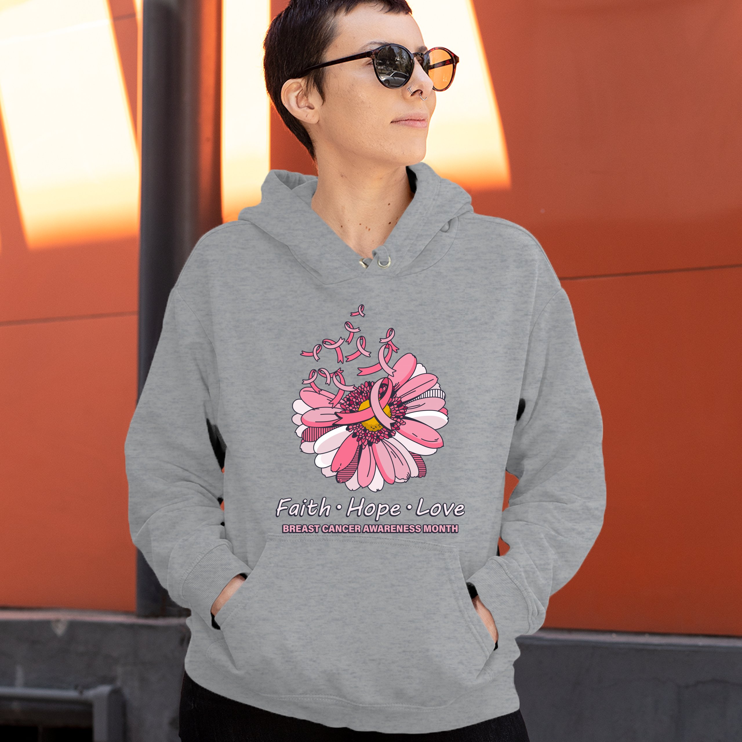 Faith Hope Love Sweatshirt Breast Cancer Awareness Month Ribbon Flower Hoodie - Picture 16 of 36