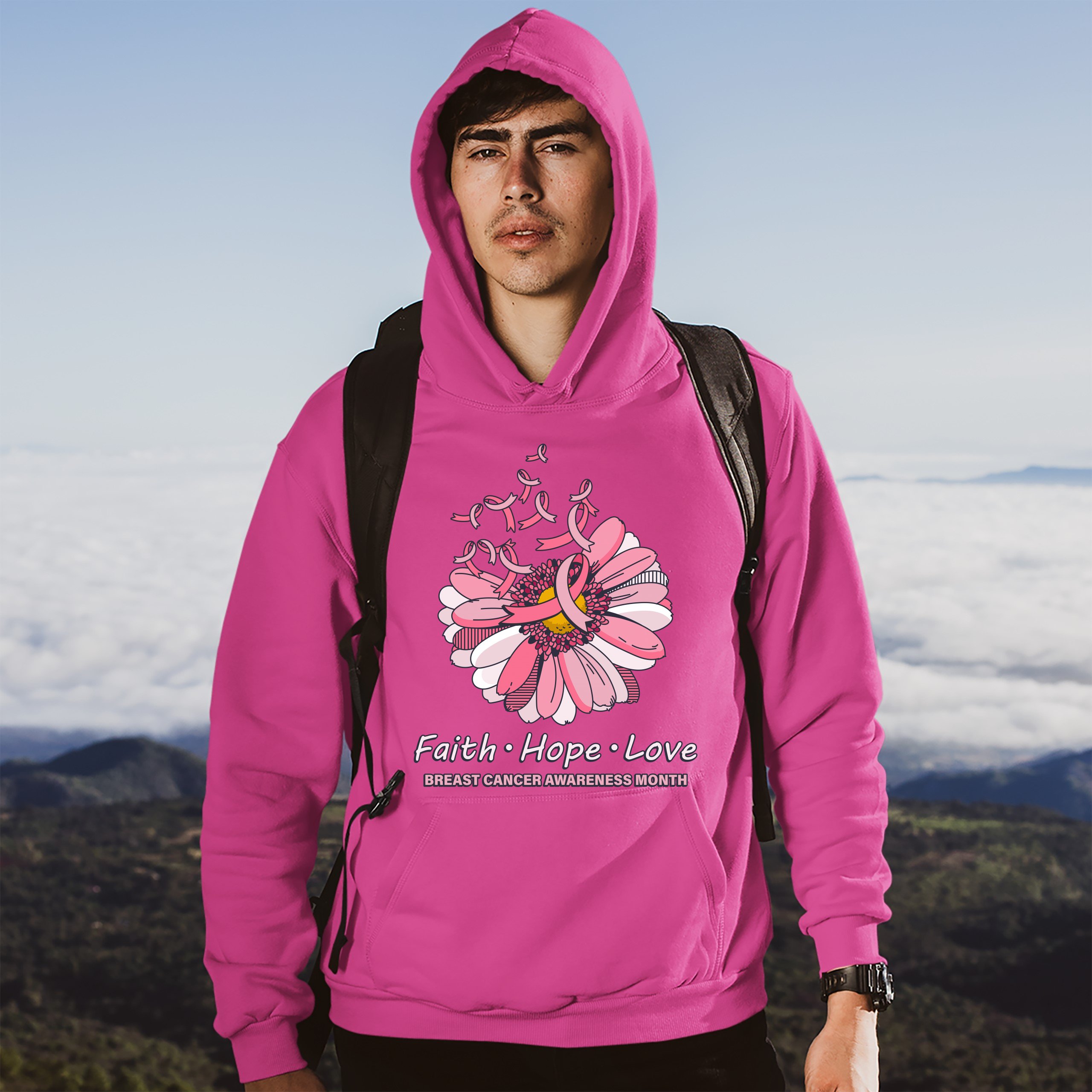 Faith Hope Love Sweatshirt Breast Cancer Awareness Month Ribbon Flower Hoodie - Picture 35 of 36