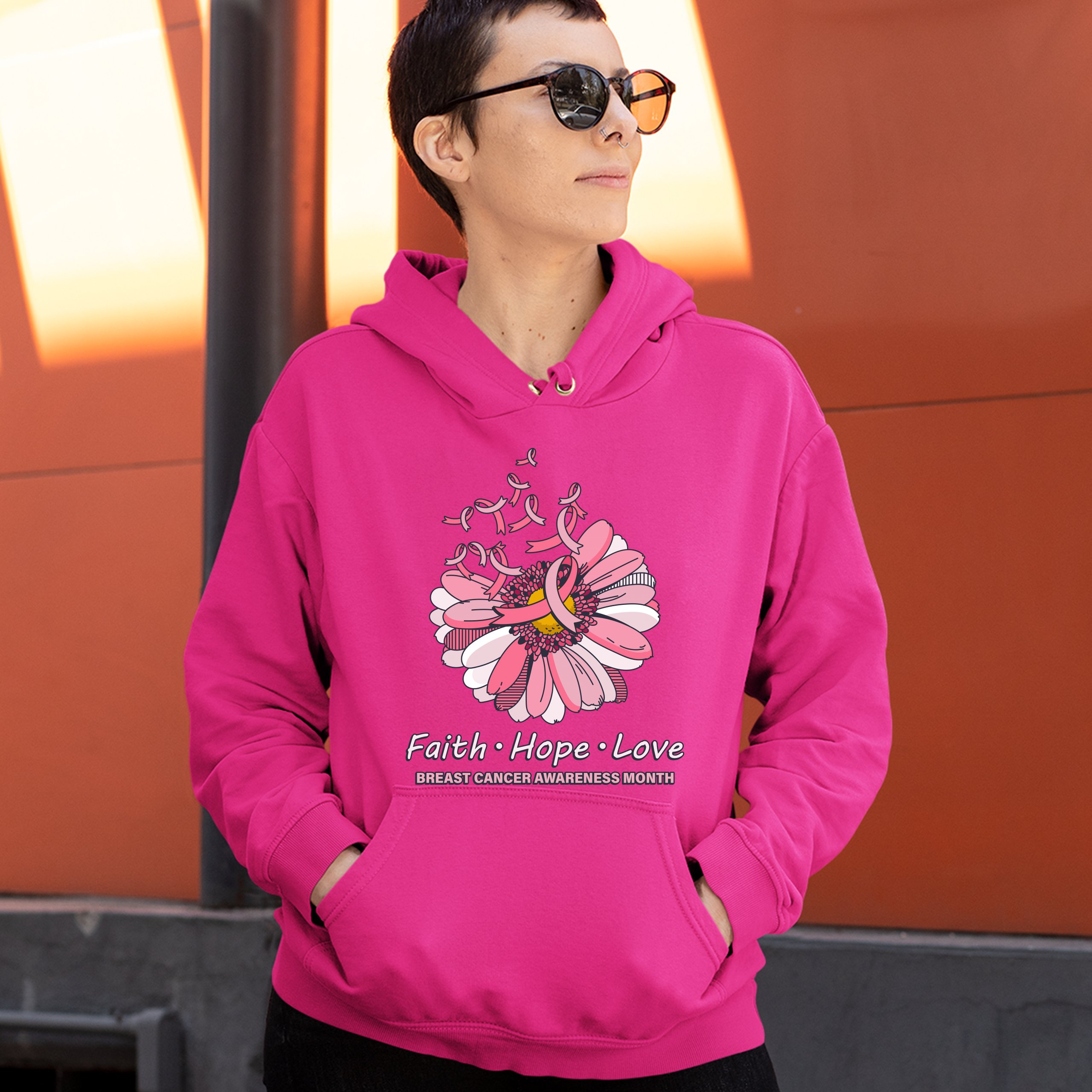 Faith Hope Love Sweatshirt Breast Cancer Awareness Month Ribbon Flower Hoodie - Picture 36 of 36
