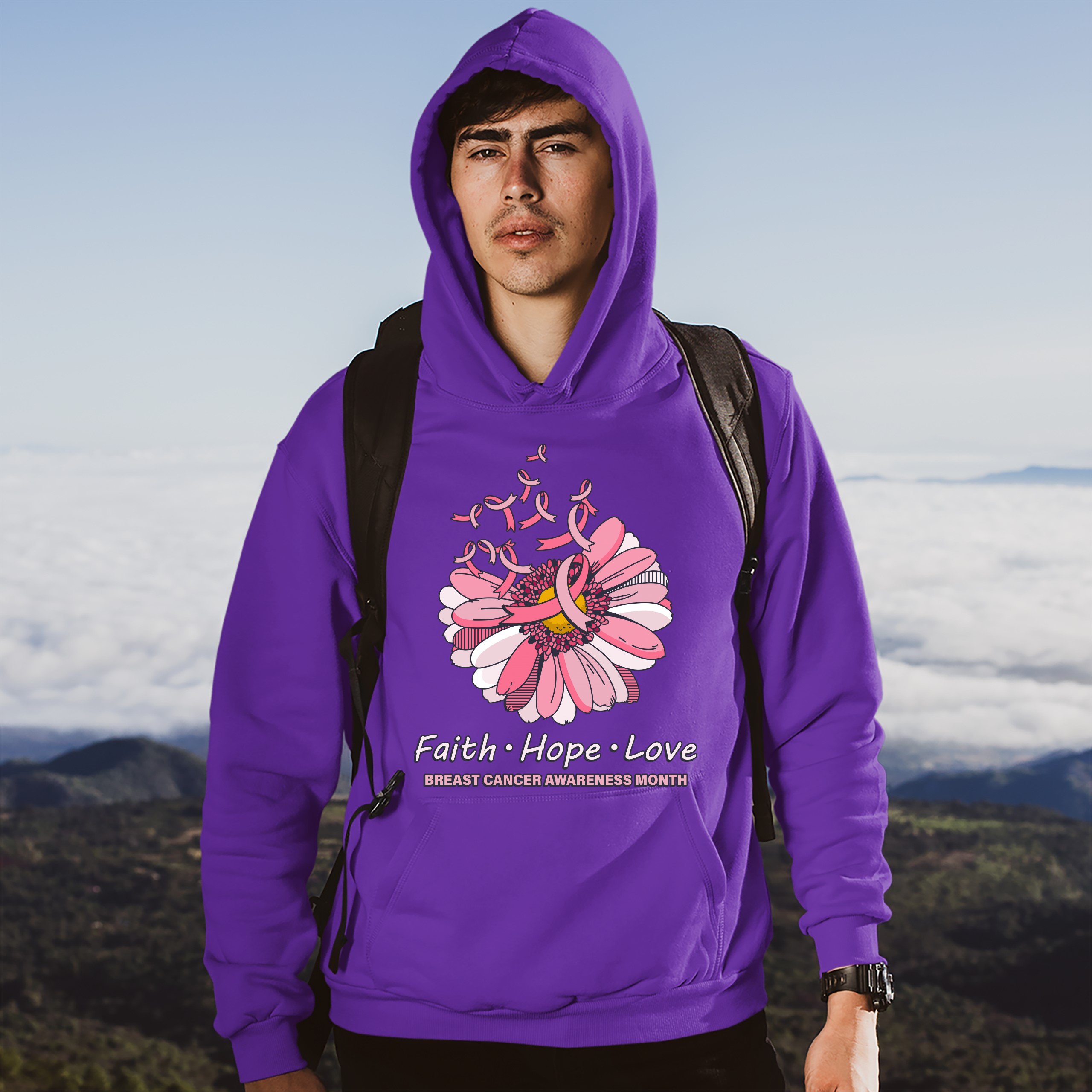Faith Hope Love Sweatshirt Breast Cancer Awareness Month Ribbon Flower Hoodie - Picture 20 of 36