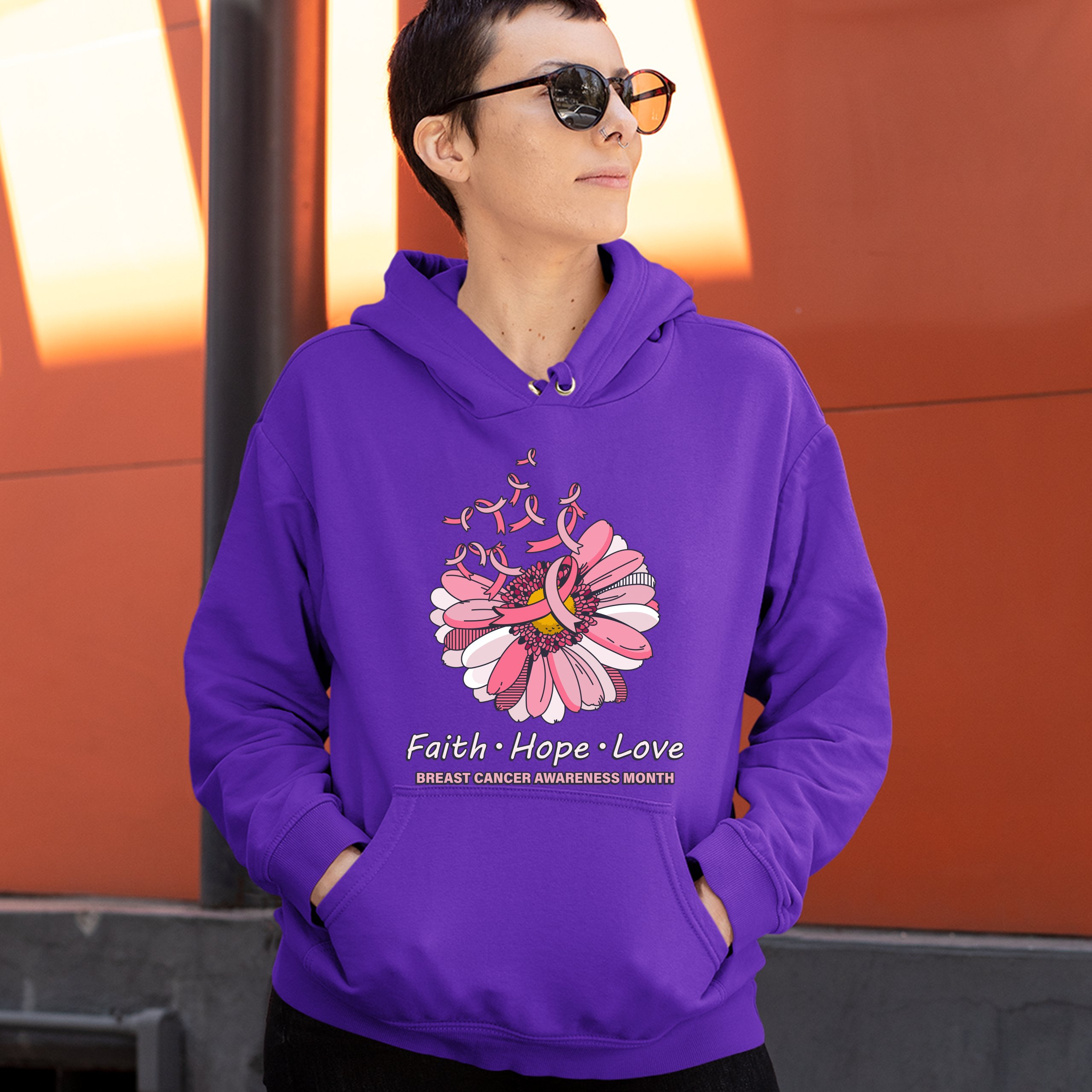Faith Hope Love Sweatshirt Breast Cancer Awareness Month Ribbon Flower Hoodie - Picture 21 of 36