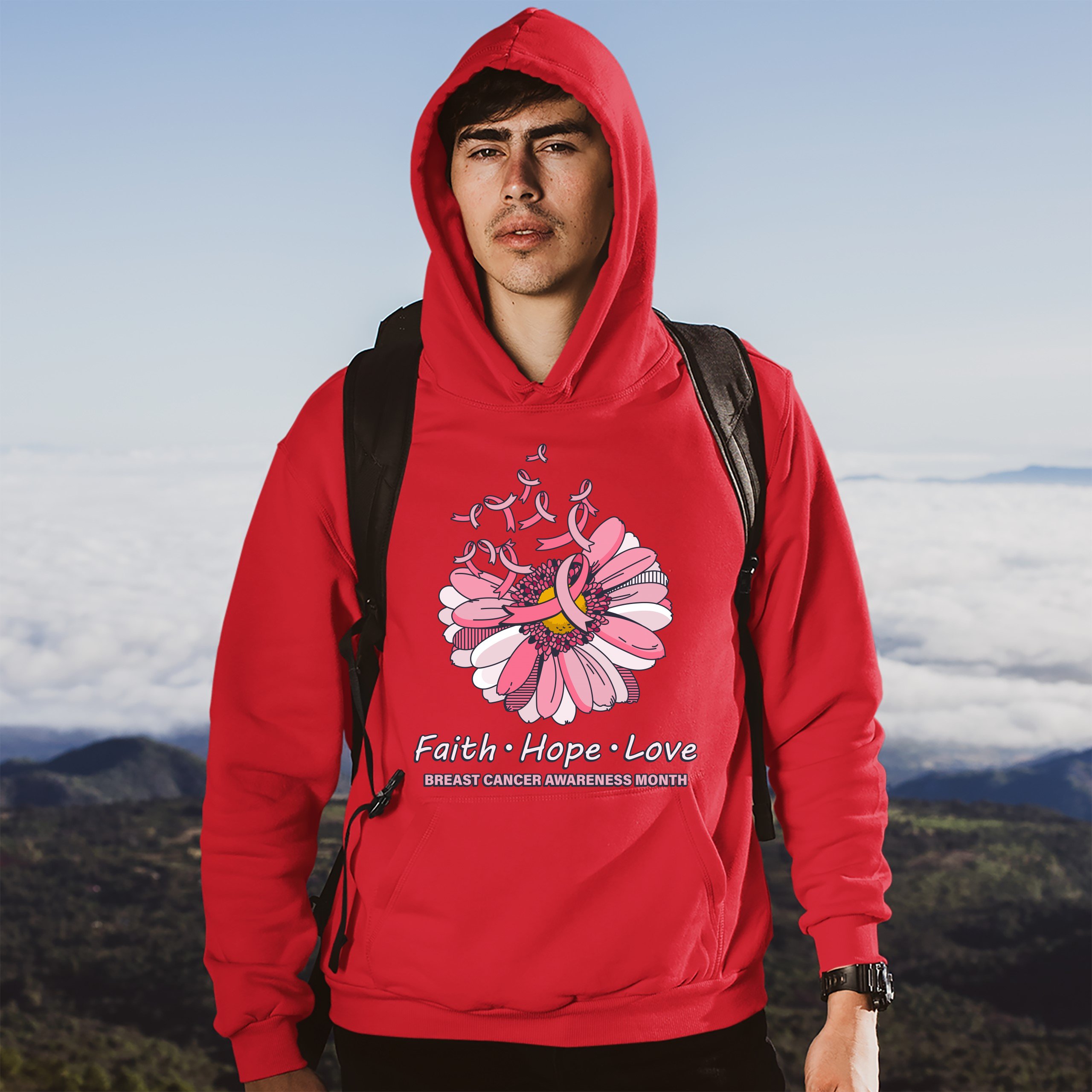 Faith Hope Love Sweatshirt Breast Cancer Awareness Month Ribbon Flower Hoodie - Picture 25 of 36