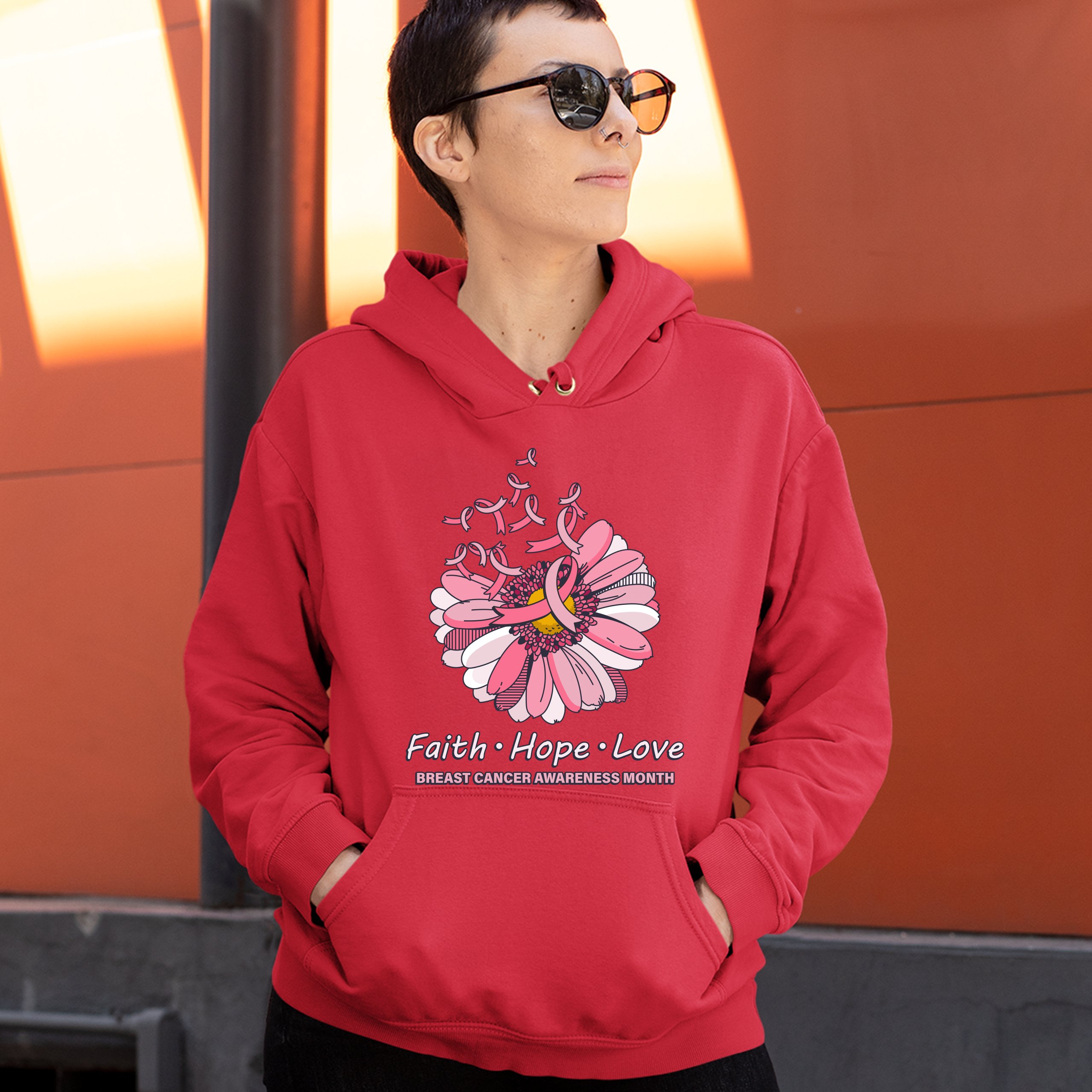 Faith Hope Love Sweatshirt Breast Cancer Awareness Month Ribbon Flower Hoodie - Picture 26 of 36