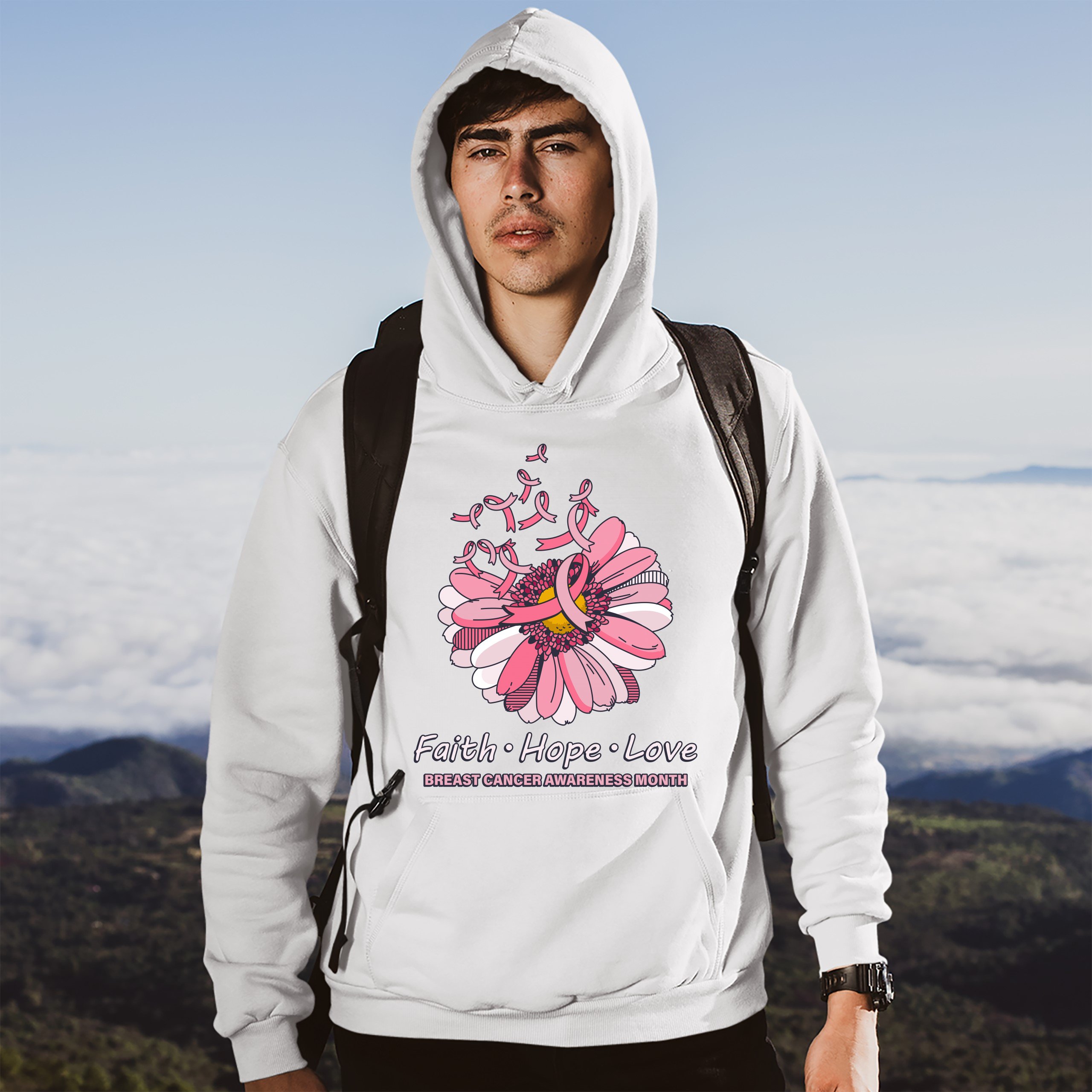 Faith Hope Love Sweatshirt Breast Cancer Awareness Month Ribbon Flower Hoodie - Picture 5 of 36