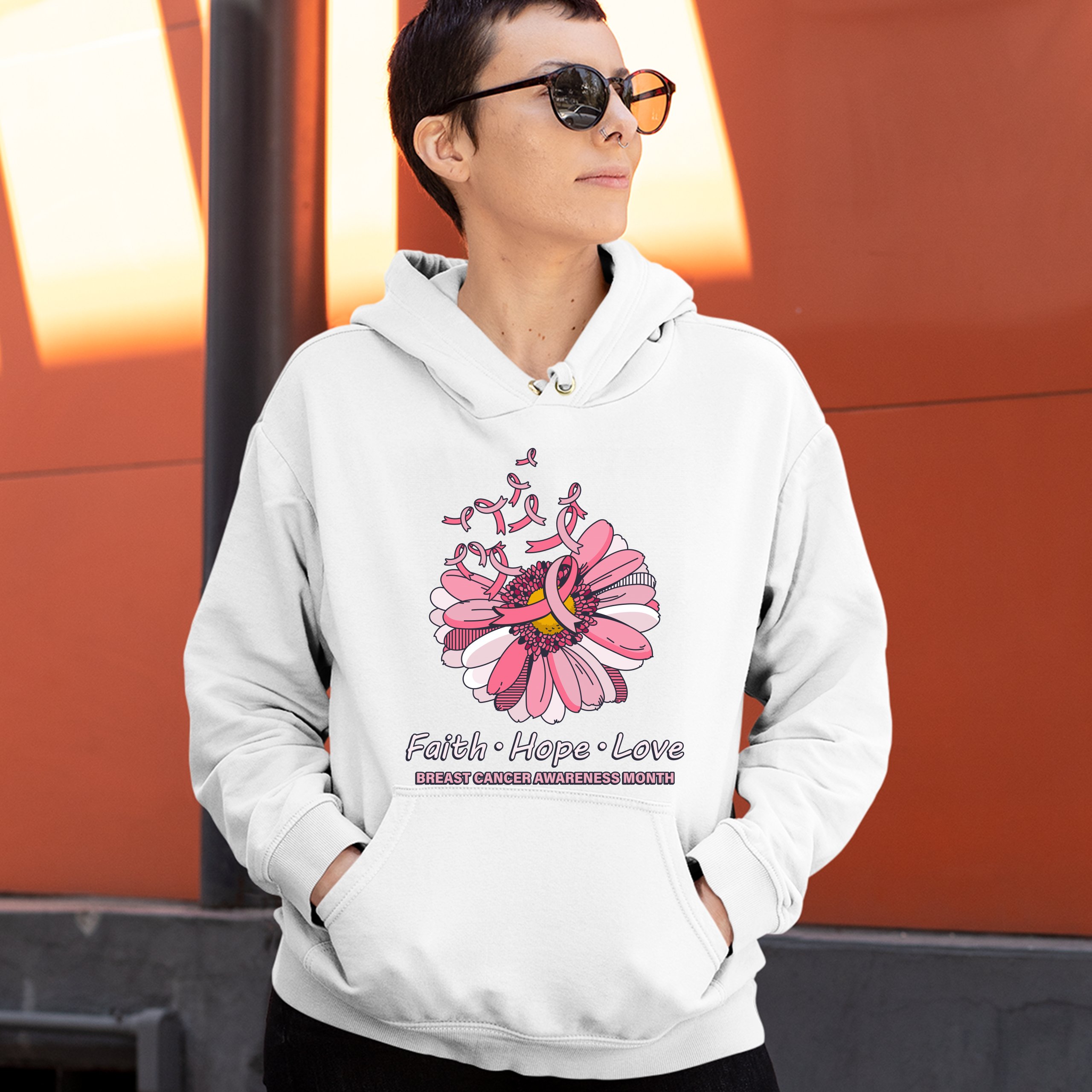 Faith Hope Love Sweatshirt Breast Cancer Awareness Month Ribbon Flower Hoodie - Picture 6 of 36