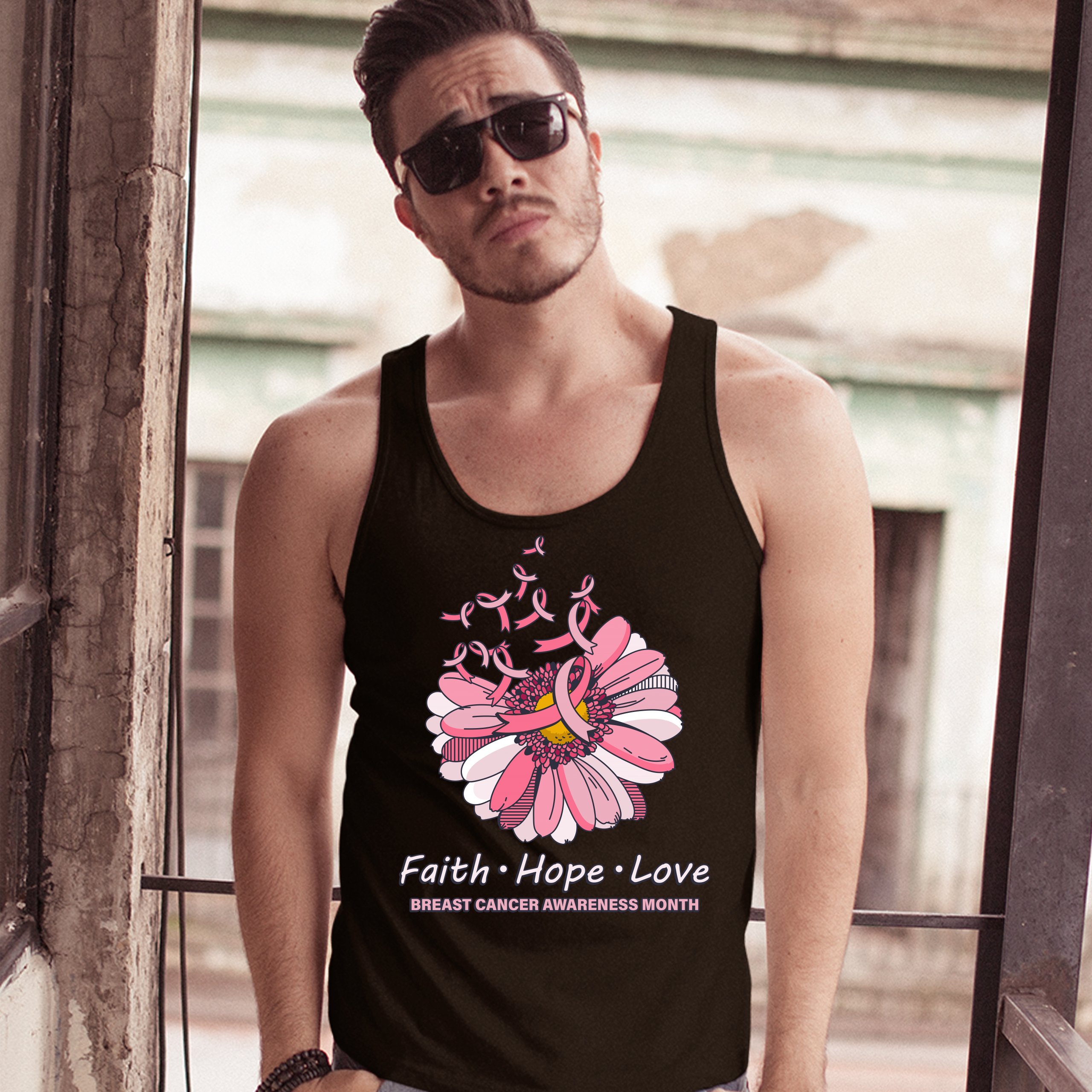 Faith Hope Love Tank Top Breast Cancer Awareness Month Ribbon Flower Men's Top - Picture 9 of 25