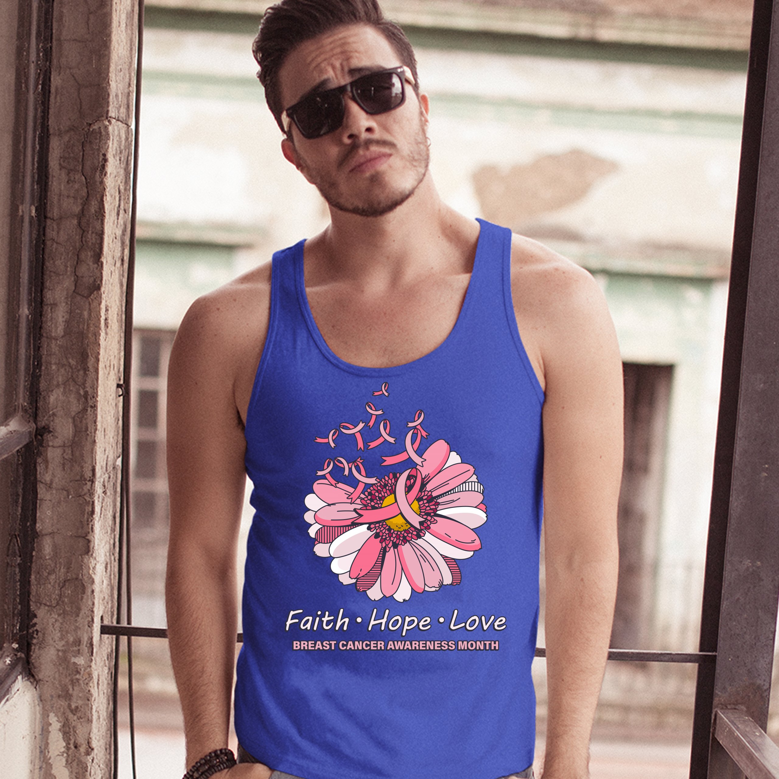 Faith Hope Love Tank Top Breast Cancer Awareness Month Ribbon Flower Men's Top - Picture 25 of 25