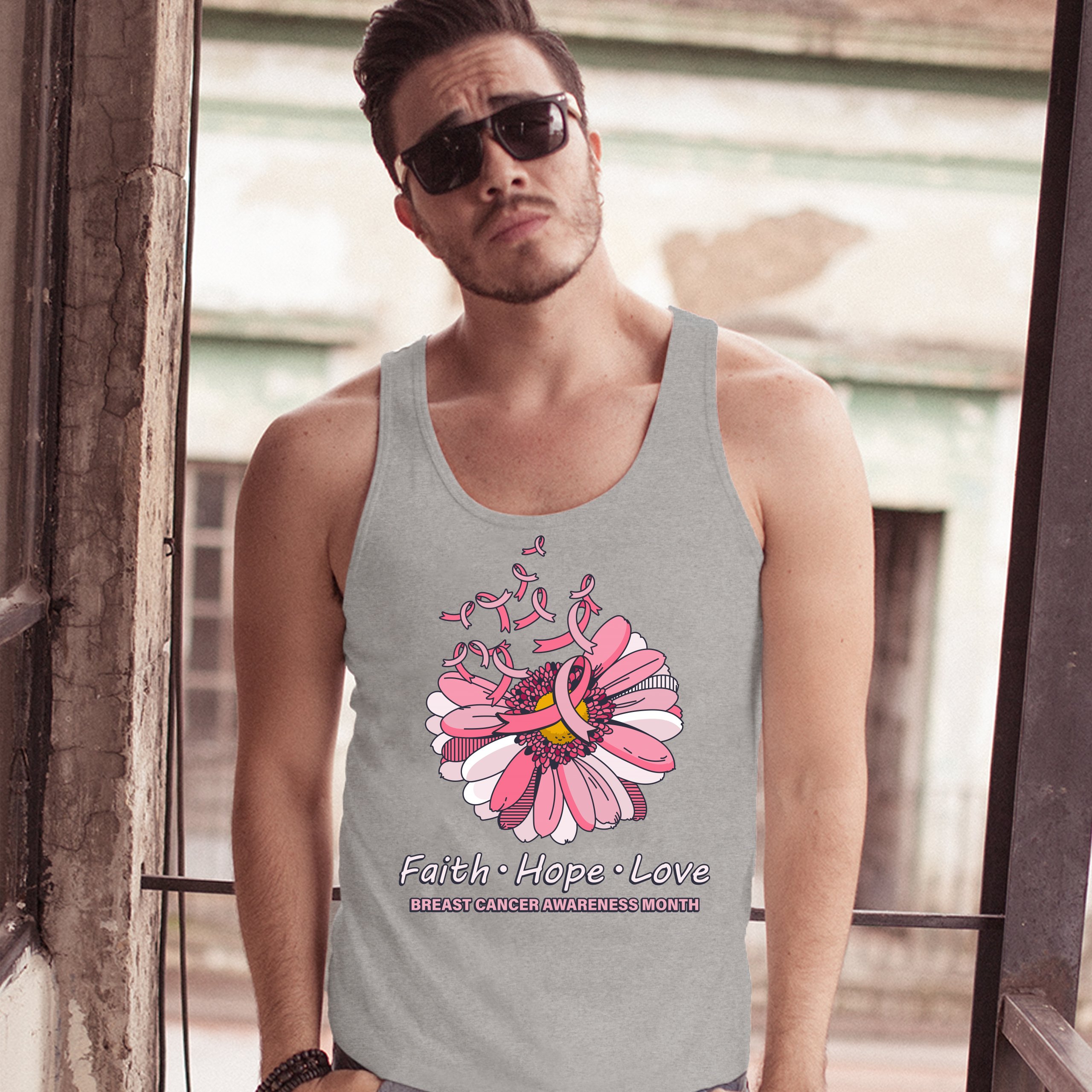 Faith Hope Love Tank Top Breast Cancer Awareness Month Ribbon Flower Men's Top - Picture 13 of 25