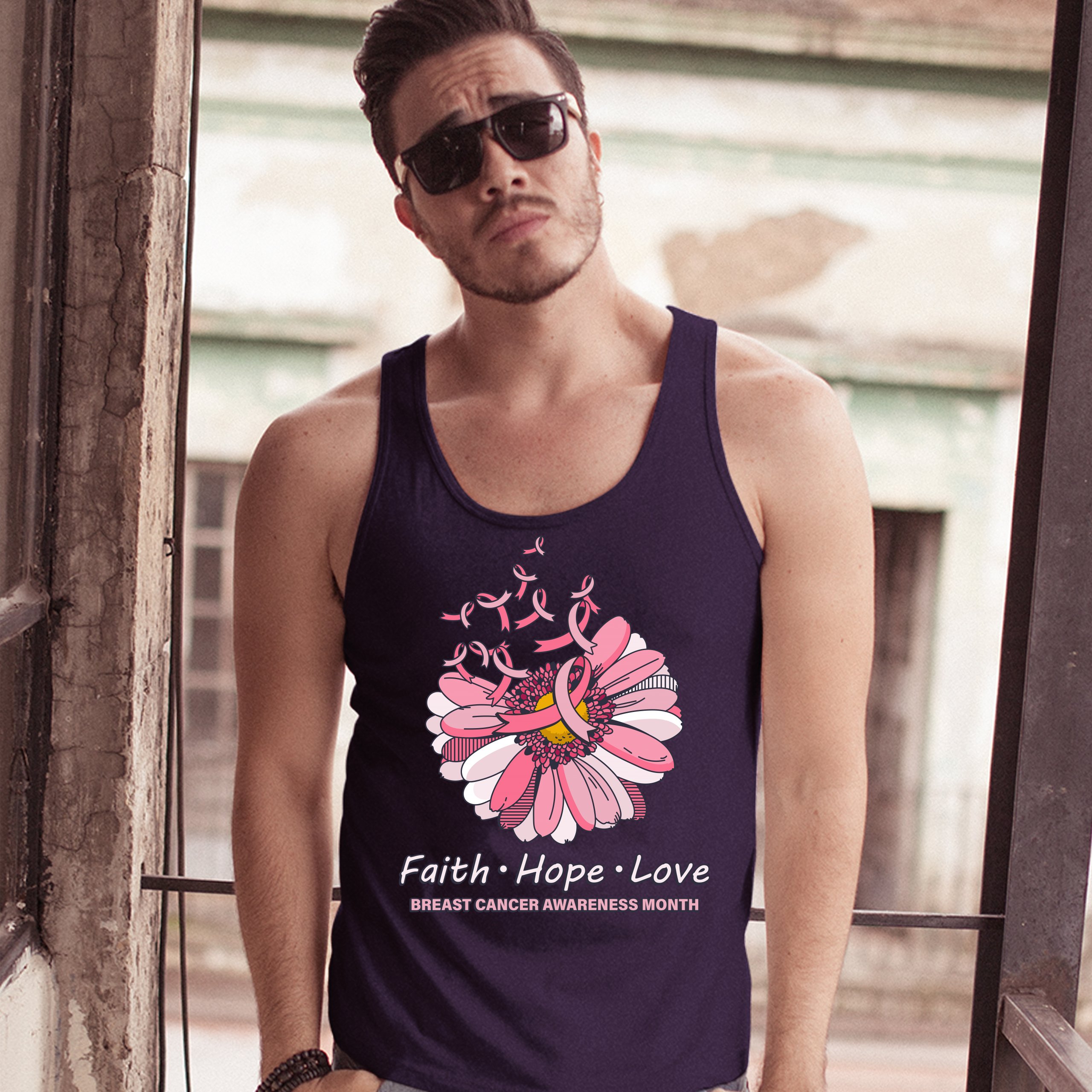 Faith Hope Love Tank Top Breast Cancer Awareness Month Ribbon Flower Men's Top - Picture 21 of 25