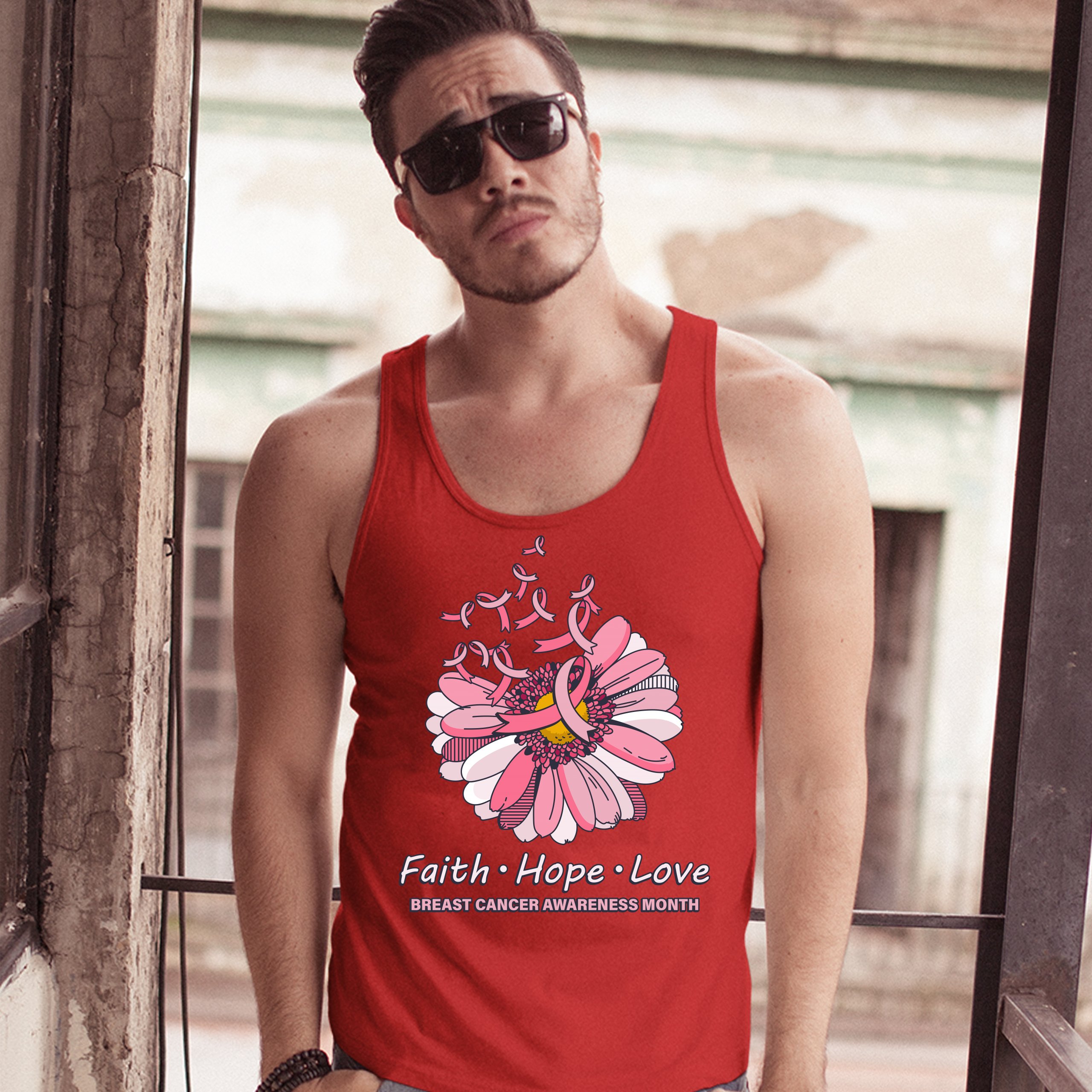 Faith Hope Love Tank Top Breast Cancer Awareness Month Ribbon Flower Men's Top - Picture 17 of 25