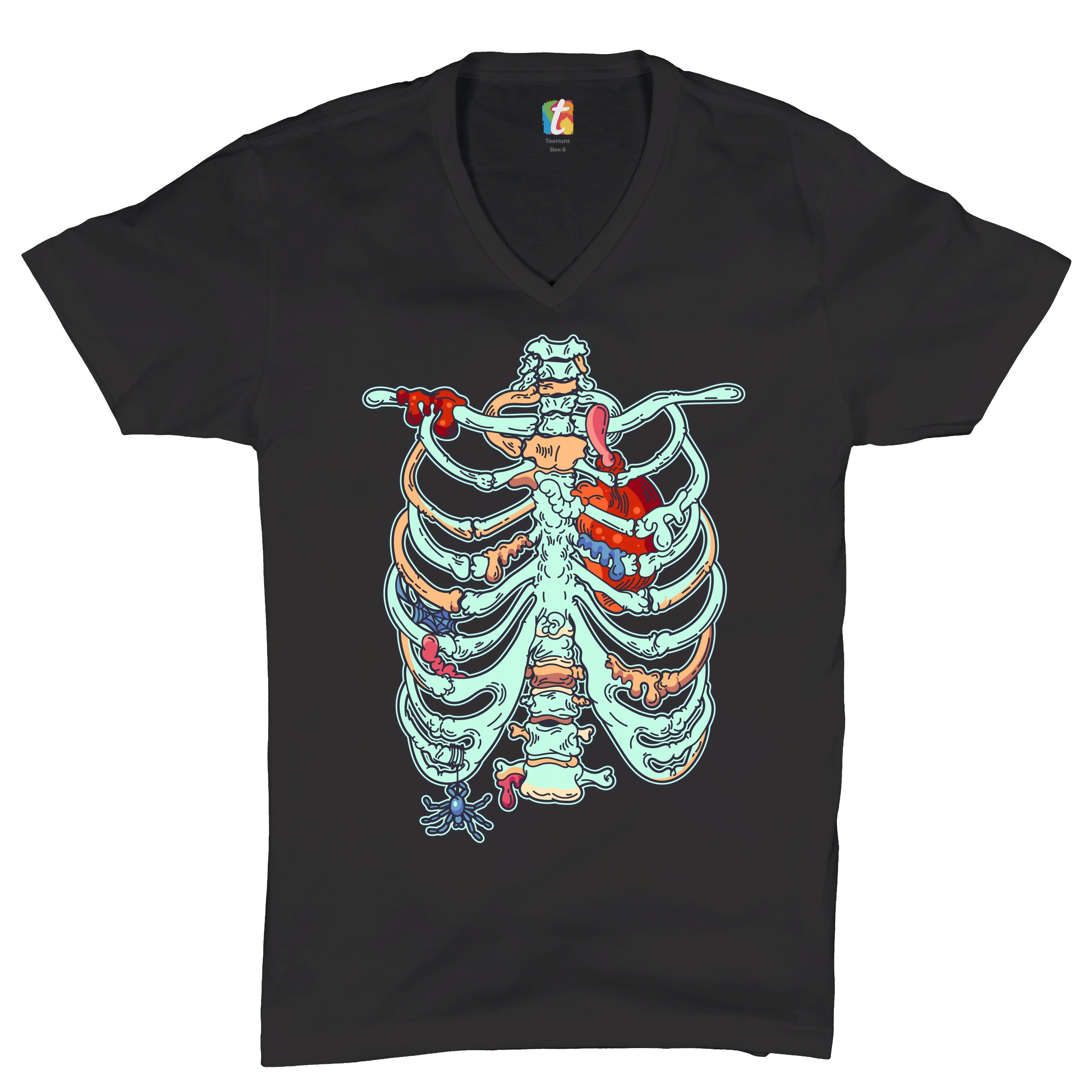 Zombie Rib Cage V-Neck T-shirt All Hallows’ Eve Spooky Halloween Skeleton Tee